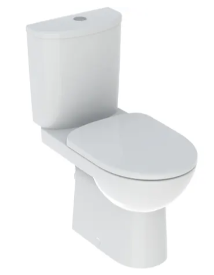 Geberit Selnova floor-standing WC set with close-coupled exposed cistern, horizontal outlet, semi-shrouded, Rimfree, with WC seat